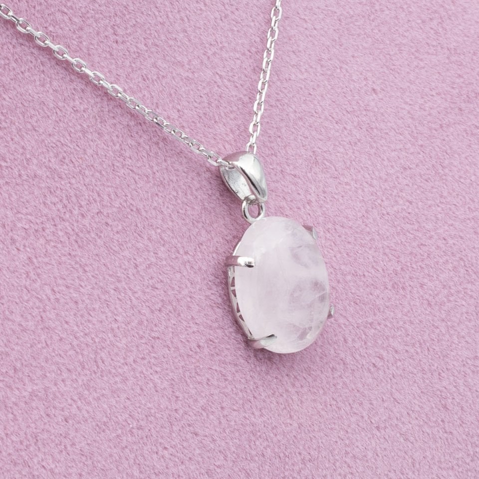 Pembe Kuvars Doğaltaş 925 Ayar Gümüş Kolye