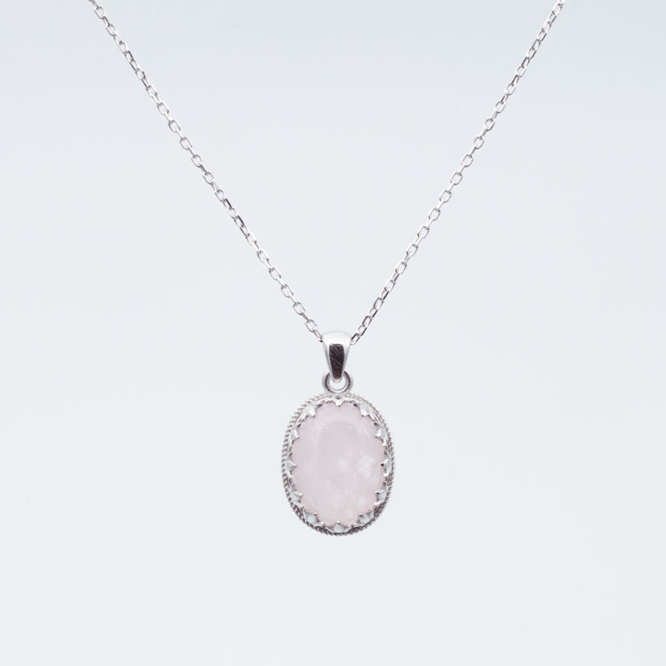 Pembe Kuvars Doğaltaş 925 Ayar Gümüş Kolye