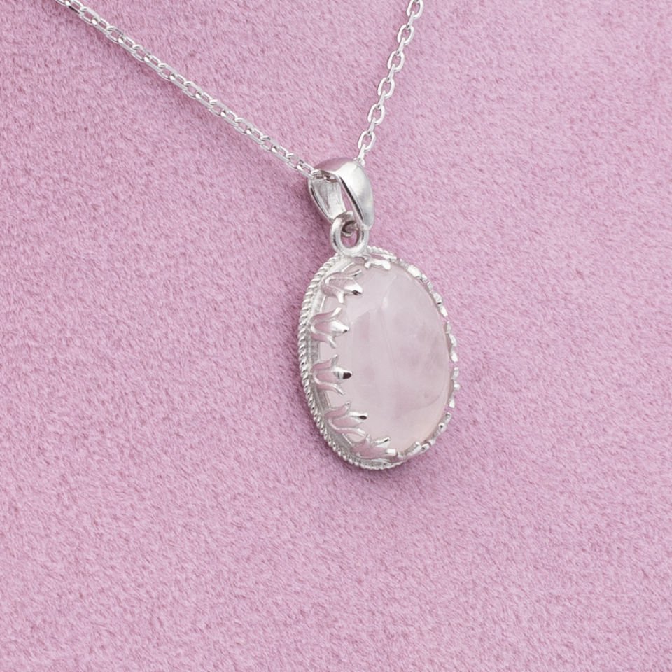 Pembe Kuvars Doğaltaş 925 Ayar Gümüş Kolye
