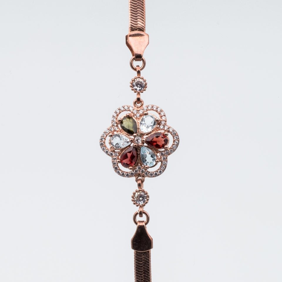 Garnet Lal, Topaz Safir Doğaltaş   Gümüş Bileklik