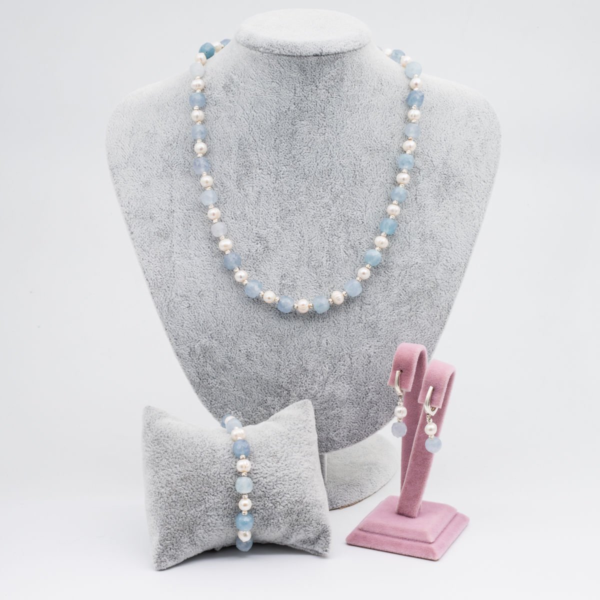 İnci / Akuamarin 925 Ayar Gümüş Set