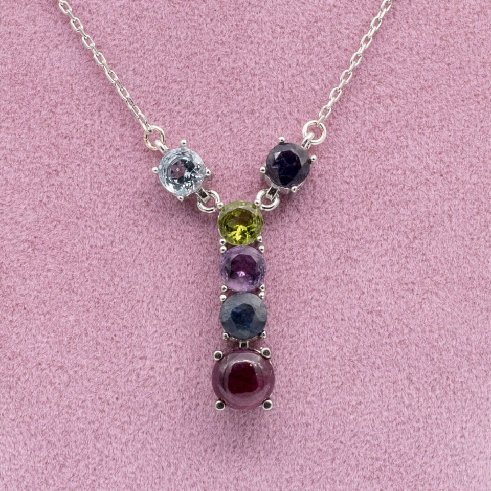 Yakut Safir Ametist Zeberced Topaz  925 Ayar Gümüş Dizi Kolye