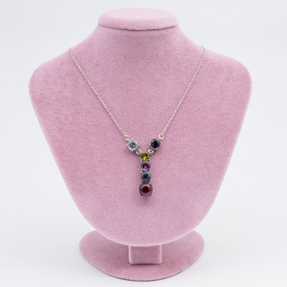 Yakut Safir Ametist Zeberced Topaz  925 Ayar Gümüş Dizi Kolye