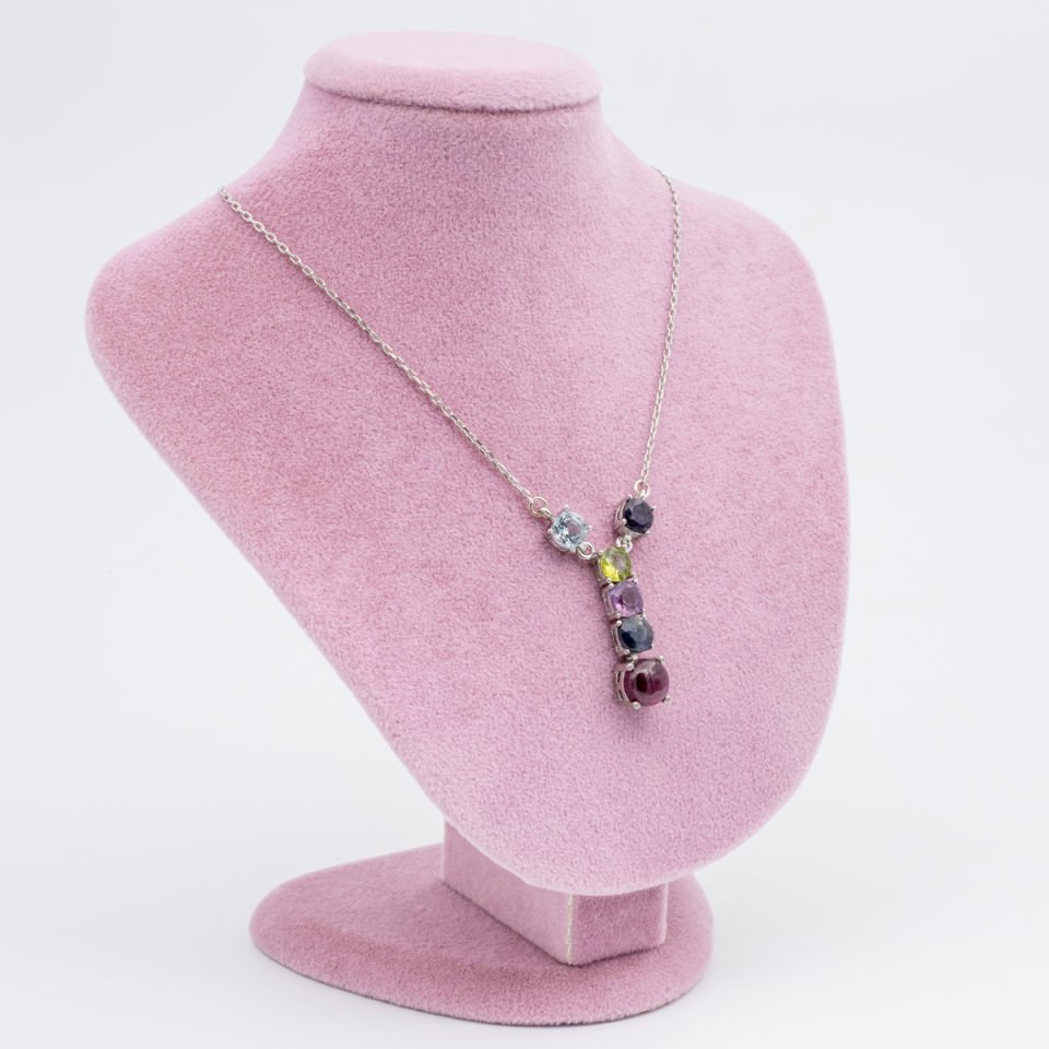 Yakut Safir Ametist Zeberced Topaz  925 Ayar Gümüş Dizi Kolye